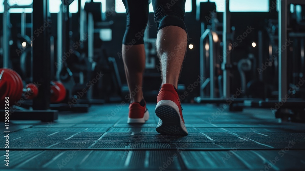 Fototapeta premium A man performs a leg exercise in a gym with equipment in the background, cinematic wide shot.