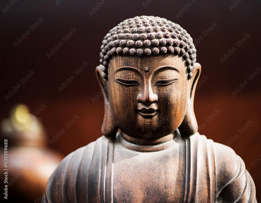 custom made wallpaper toronto digitalA stone Buddha statue with a serene expression and detailed carved features is photographed against a warm bokeh background.