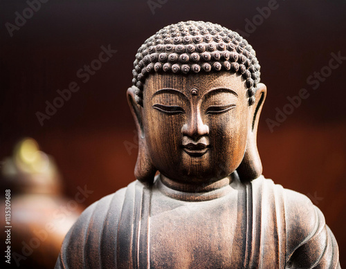 Wallpaper Mural A stone Buddha statue with a serene expression and detailed carved features is photographed against a warm bokeh background. Torontodigital.ca