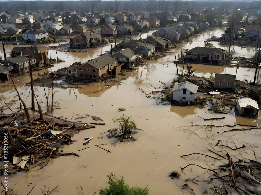 Naklejka premium Flood Damaged Homes Aerial View Disaster Aftermath