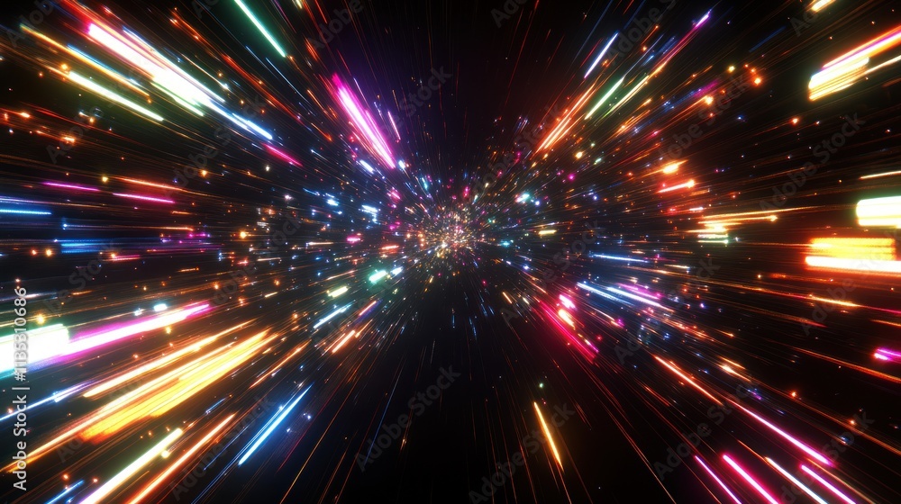 Colorful light streaks radiating from center, creating a hyper-speed, cosmic tunnel effect. Colorful light streaks radiating from center, creating a hyper-speed, cosmic tunnel effect.