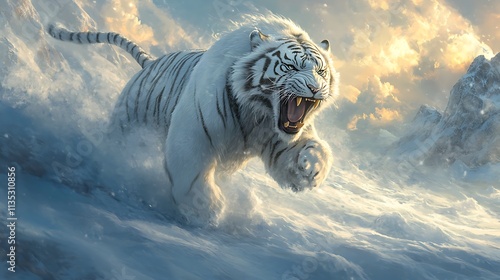 A ferocious white tiger roaring dominantly in a snowy landscape with frosty air swirling
