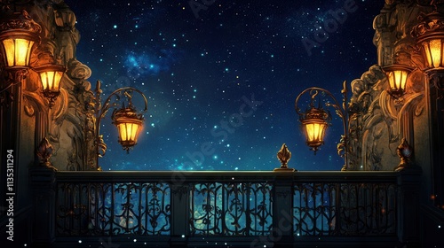 Romantic Fairy Tale Style Balconies with Lanterns and Starry Night Backdrops