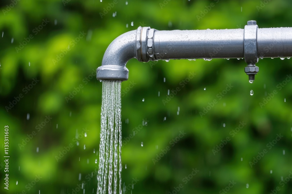 Close-up of an outdoor metal pipe dripping water with a blurred green background, symbolizing sustainability and nature. Close-up of an outdoor metal pipe dripping water with a blurred green background, symbolizing sustainability and nature.