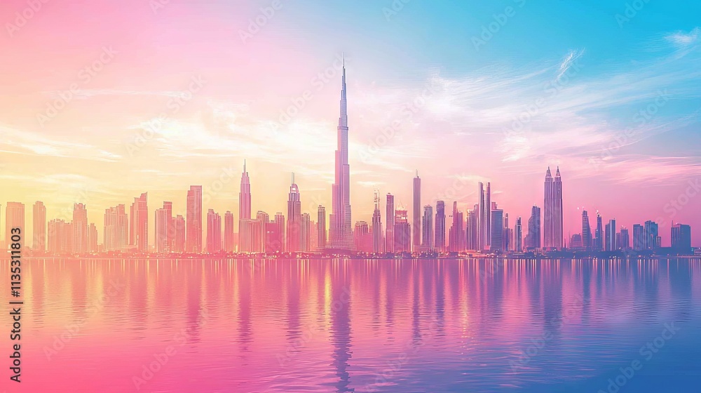 A vibrant skyline reflecting on water at sunset with modern skyscrapers. A vibrant skyline reflecting on water at sunset with modern skyscrapers.