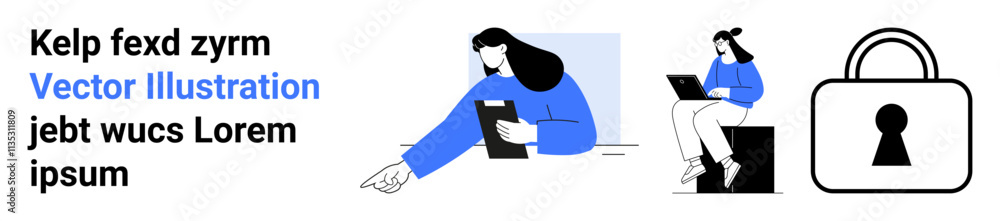 Two characters interacting with digital tablets one seated, one pointing, accompanied by a locked padlock. Ideal for teamwork, digital communication, remote work, cybersecurity, tech tutorials Two characters interacting with digital tablets one seated, one pointing, accompanied by a locked padlock. Ideal for teamwork, digital communication, remote work, cybersecurity, tech tutorials