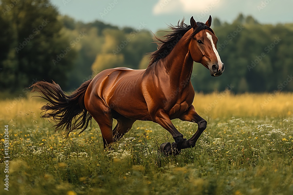Obraz premium Brown horse galloping across meadow bright green grass beneath vibrant summer nature setting