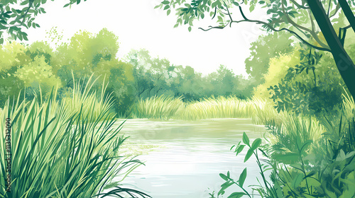 River channel overrun with tall grasses and shrubs, neglect, overgrowth. Overgrowth. Illustration photo