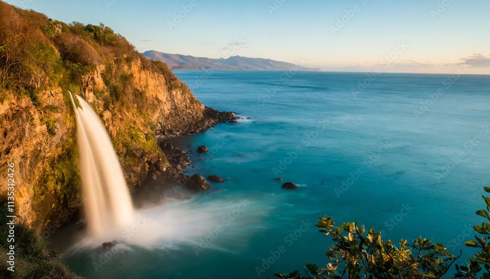 Fototapeta premium Dramatic Cliffside Waterfall Cascading Into Turquoise Ocean Waters at Sunset