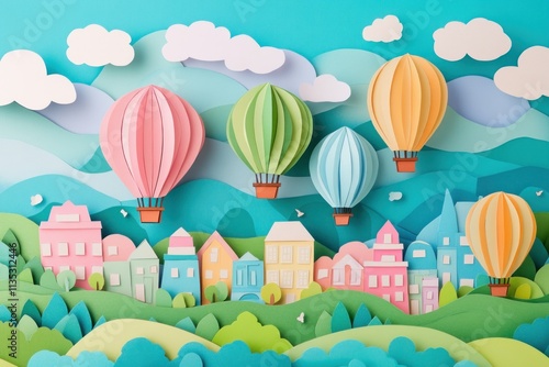 Colorful Paper Art of Hot Air Balloons in a Whimsical Landscape with a Charming Town Surrounded by Hills and Blue Sky in a Creative Craft Style