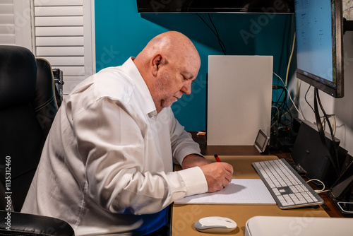 Elderly man starting to learn photography and get out more to get some exercise due to being overweight as a result of a sedentary job.