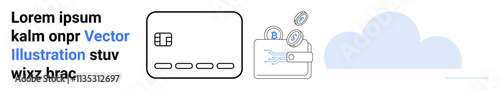 Wallet icon with coins emerging, accompanied by a chip card, set against a cloud. Ideal for digital banking, online payments, financial tech, cybersecurity education, crypto transactions, e-commerce