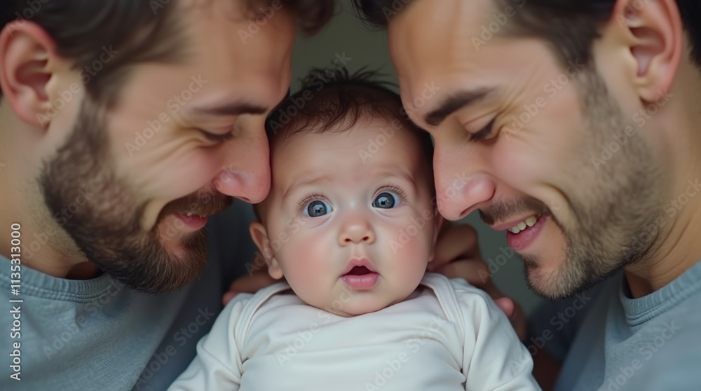 Homosexual Gay Dads Fathers Parents with Their Infant Newborn Baby, Tender Moment of parenthood and Adoption Homosexual Gay Dads Fathers Parents with Their Infant Newborn Baby, Tender Moment of parenthood and Adoption