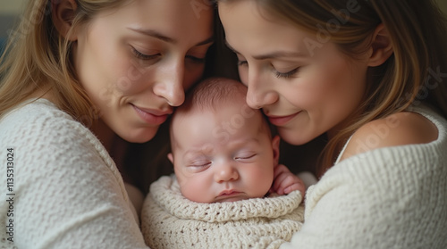 Homosexual Gay Lesbian Moms Mothers Parents with Their Infant Newborn Baby, Tender Moment of Parenthood