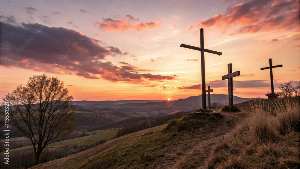 Crosses on Hill at Sunset - Resurrection Crosses on Hill at Sunset - Resurrection