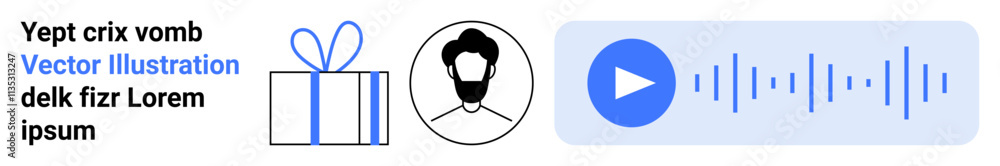 Gift box with ribbon, avatar with beard, audio playback button with sound waves. Ideal for social media profiles, podcasts, holiday promotions, user identity, gift services, multimedia apps Gift box with ribbon, avatar with beard, audio playback button with sound waves. Ideal for social media profiles, podcasts, holiday promotions, user identity, gift services, multimedia apps