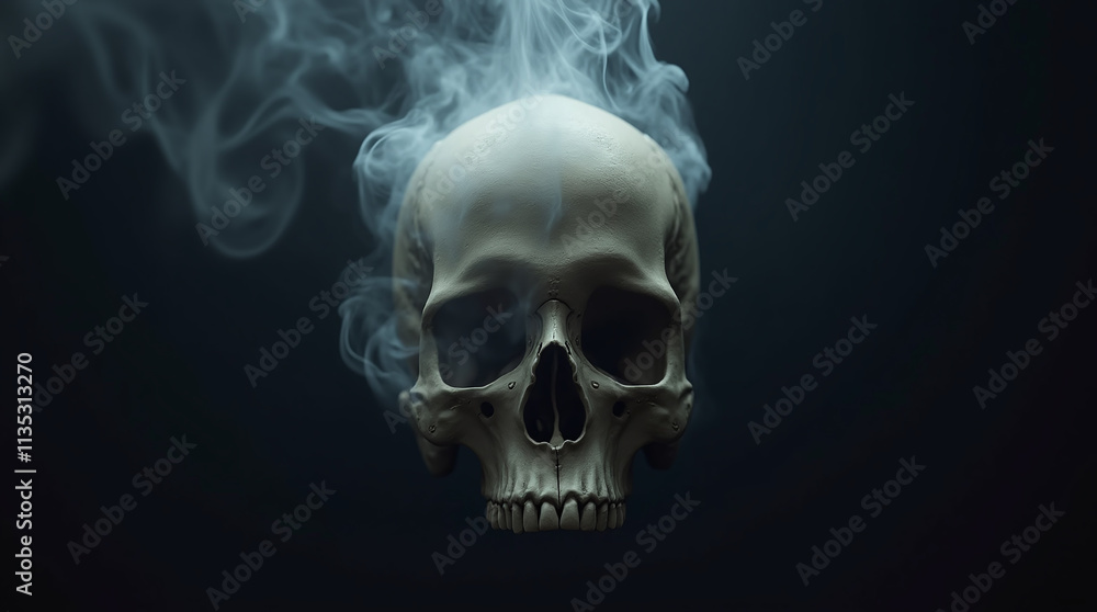 Minimalistic Dark Horror Halloween Background with Human Skull in Smoke, Death and Spirits Minimalistic Dark Horror Halloween Background with Human Skull in Smoke, Death and Spirits