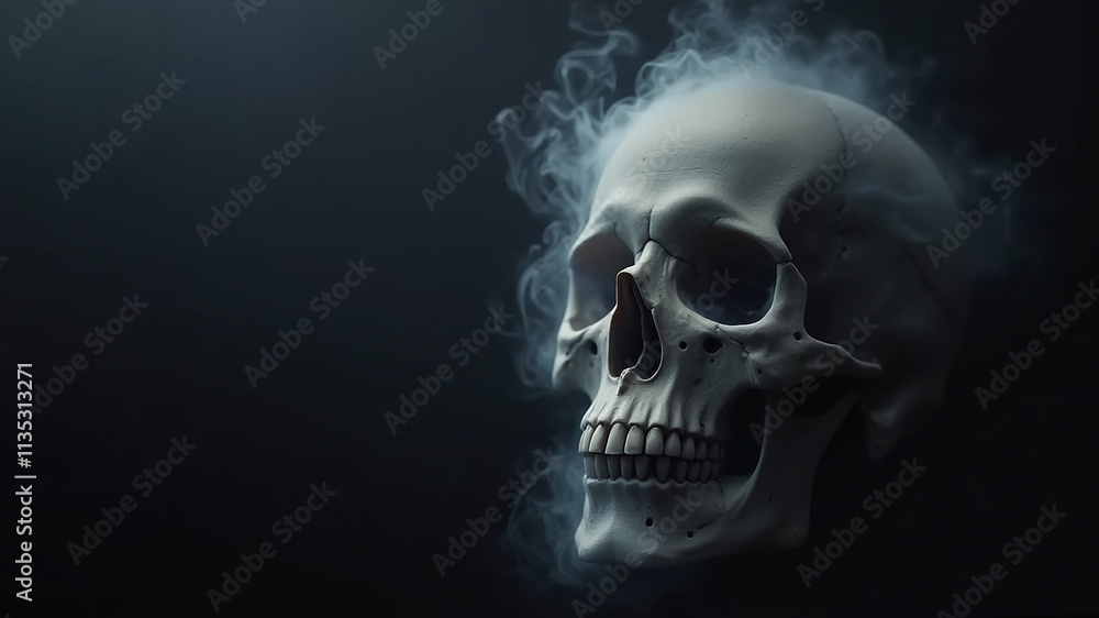 Minimalistic Dark Horror Halloween Background with Human Skull in Smoke, Death and Spirits Minimalistic Dark Horror Halloween Background with Human Skull in Smoke, Death and Spirits