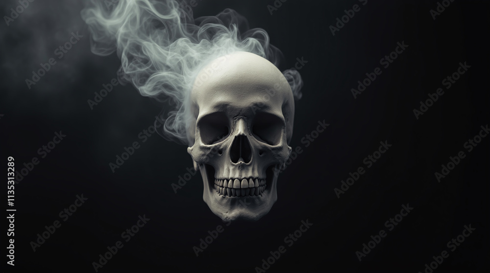 Minimalistic Dark Horror Halloween Background with Human Skull in Smoke, Death and Spirits Minimalistic Dark Horror Halloween Background with Human Skull in Smoke, Death and Spirits