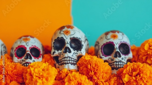 A festive Day of the Dead composition with sugar skulls and marigold flowers against a vibrant Mexican festival background, macro shot, Minimalist style