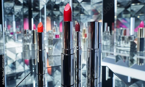 Sleek metallic lipstick tubes with vibrant red shades displayed on a reflective surface. photo