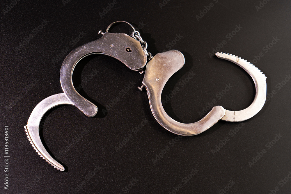 Pair of handcuffs used by law enforcement to arrest criminals on a black background. Justice or catching a guilty criminal concept. Pair of handcuffs used by law enforcement to arrest criminals on a black background. Justice or catching a guilty criminal concept.