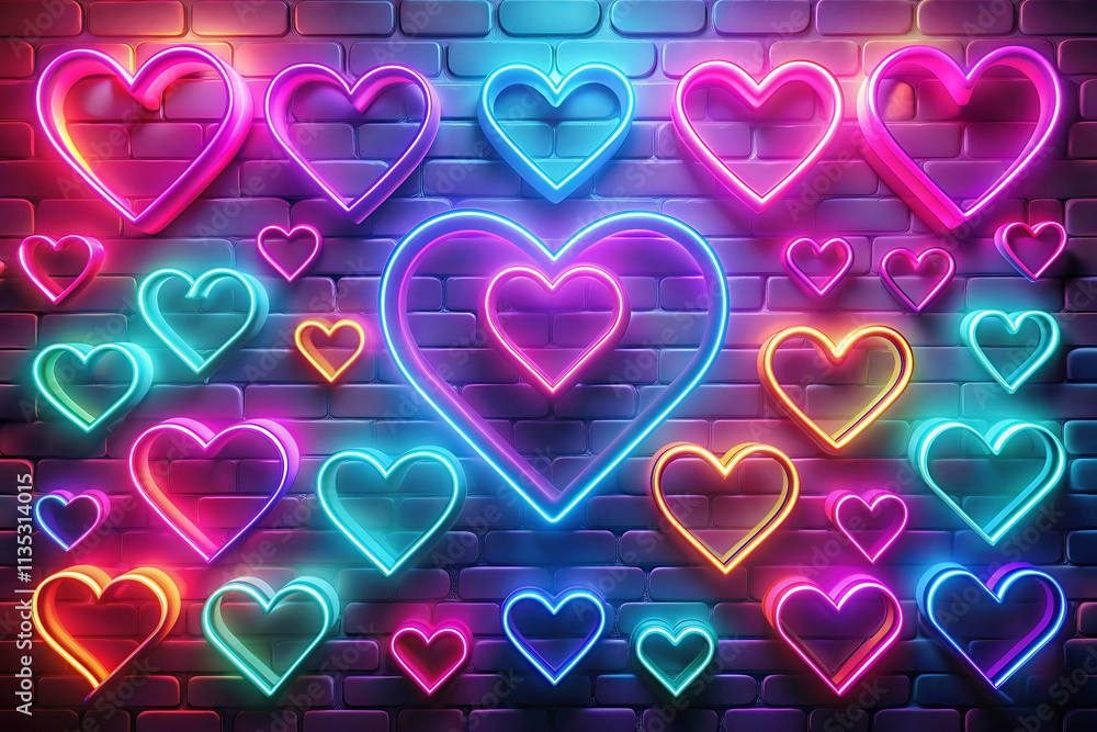Minimalism, Valentine's Day neon background, different size and shape and color hearts. Minimalism, Valentine's Day neon background, different size and shape and color hearts.