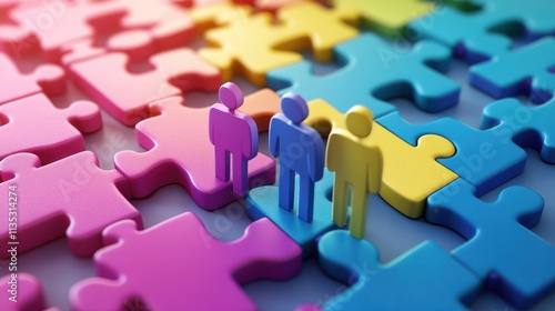 Colorful puzzle pieces with male, female figures and disability sign representing inclusion and diversity.