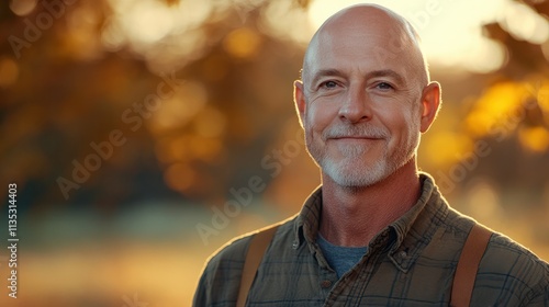 Confident bald man in casual wear against a blurred outdoor background conveying authenticity simplicity and modern masculinity in a natural setting