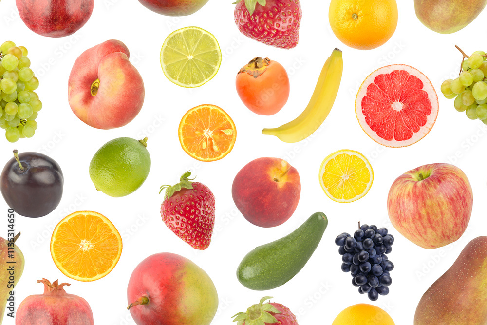Seamless pattern of bright juicy fruits, vegetables, berries isolated on white Seamless pattern of bright juicy fruits, vegetables, berries isolated on white