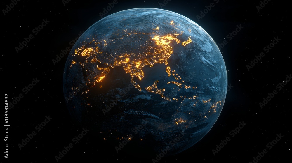 From space, Earth is seen with the sun rising above the horizon, lighting up parts of Europe, Africa, and Asia, while a star-filled night sky forms the background. From space, Earth is seen with the sun rising above the horizon, lighting up parts of Europe, Africa, and Asia, while a star-filled night sky forms the background.