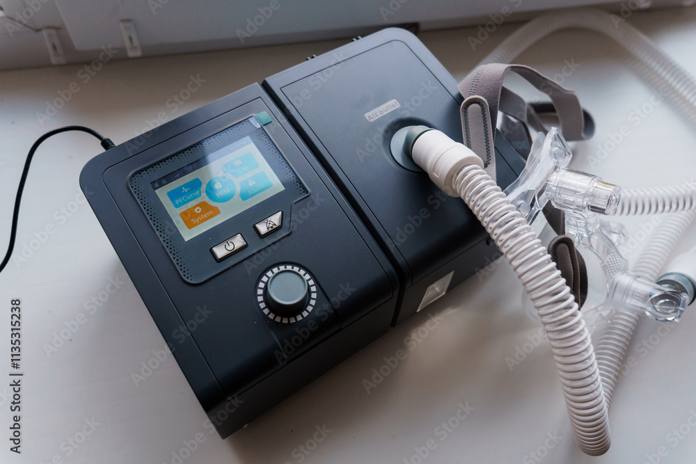 A Modern CPAP Machine with Digital Display and Tubing A Modern CPAP Machine with Digital Display and Tubing