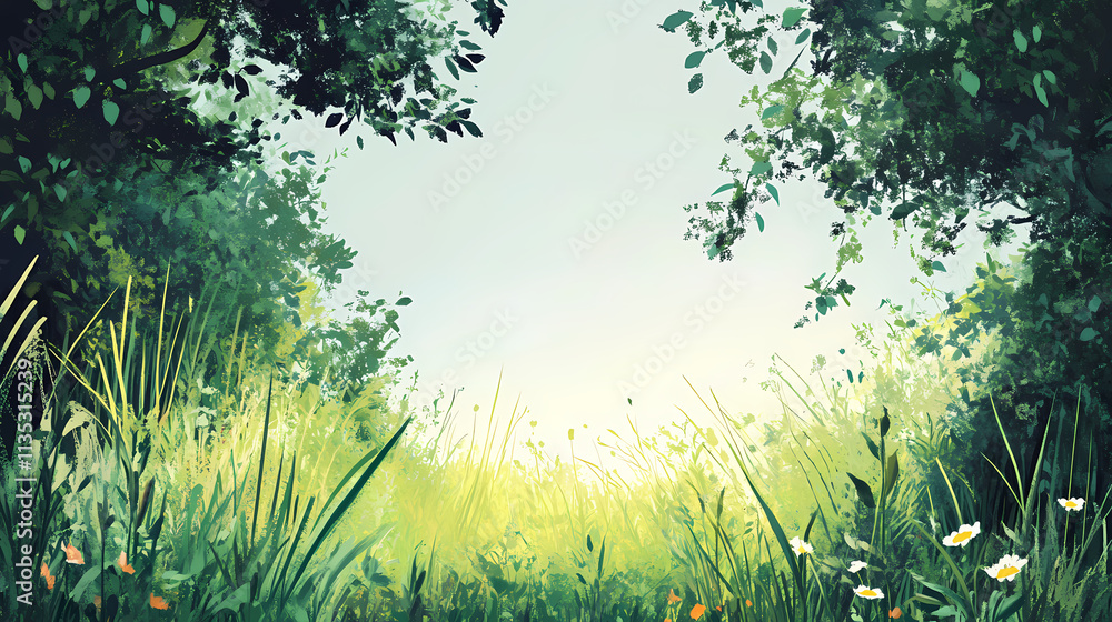 Fototapeta premium Overgrown grass and weeds in a neglected garden, outdoors, wildflowers. Overgrowth. Illustration