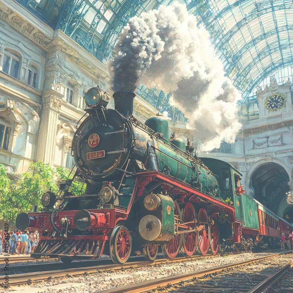 Obraz premium A vintage steam locomotive in a grand station, emitting steam and smoke.