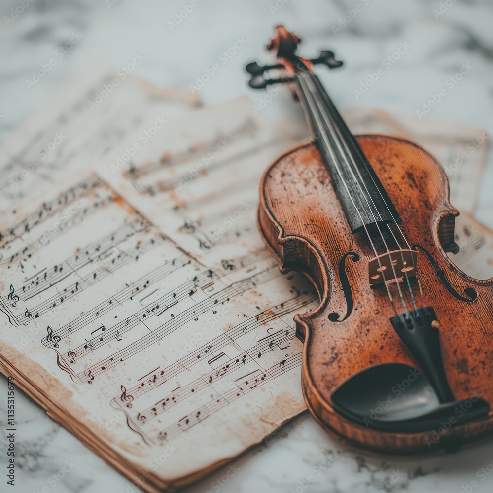 Fototapeta premium A violin rests on vintage sheet music, evoking a musical atmosphere.