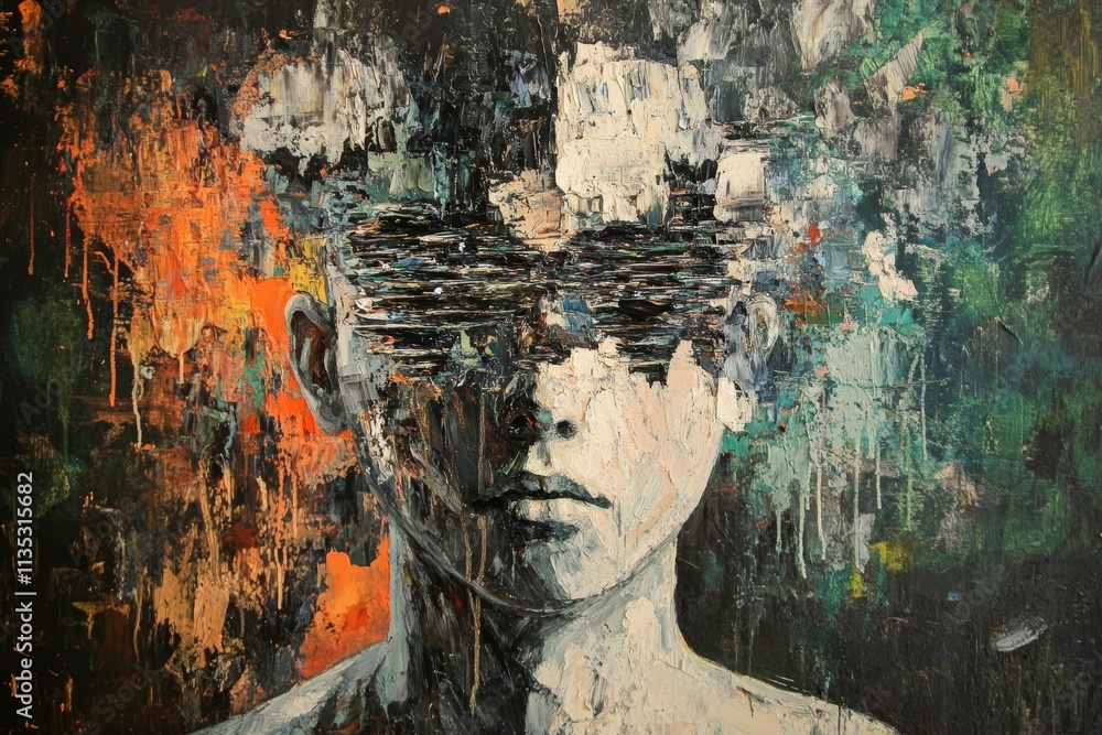 Abstract portrait, obscured face, textured paint. Abstract portrait, obscured face, textured paint.
