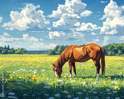 Brown horse grazing a sunlit meadow green pasture stretching into the distance peaceful summer day photo