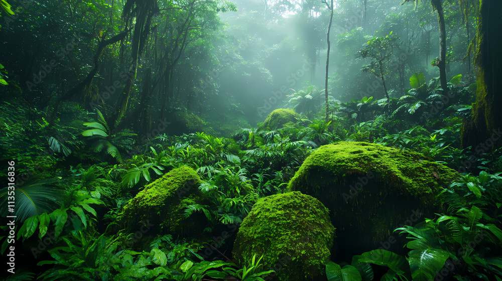 Misty jungle atmosphere with moss-covered rocks and dense foliage, forest floor, overgrowth. Overgrowth. Illustration Misty jungle atmosphere with moss-covered rocks and dense foliage, forest floor, overgrowth. Overgrowth. Illustration