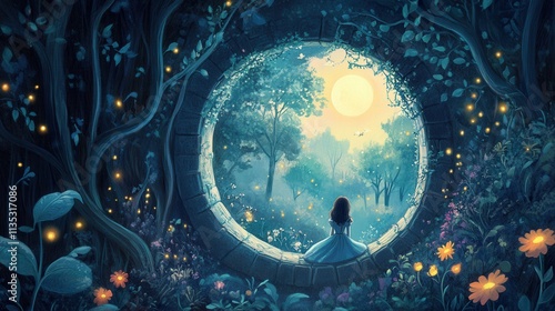 Children’s Book Style Illustrations of Dreamy Scenes with Moonlit Forests and Princesses