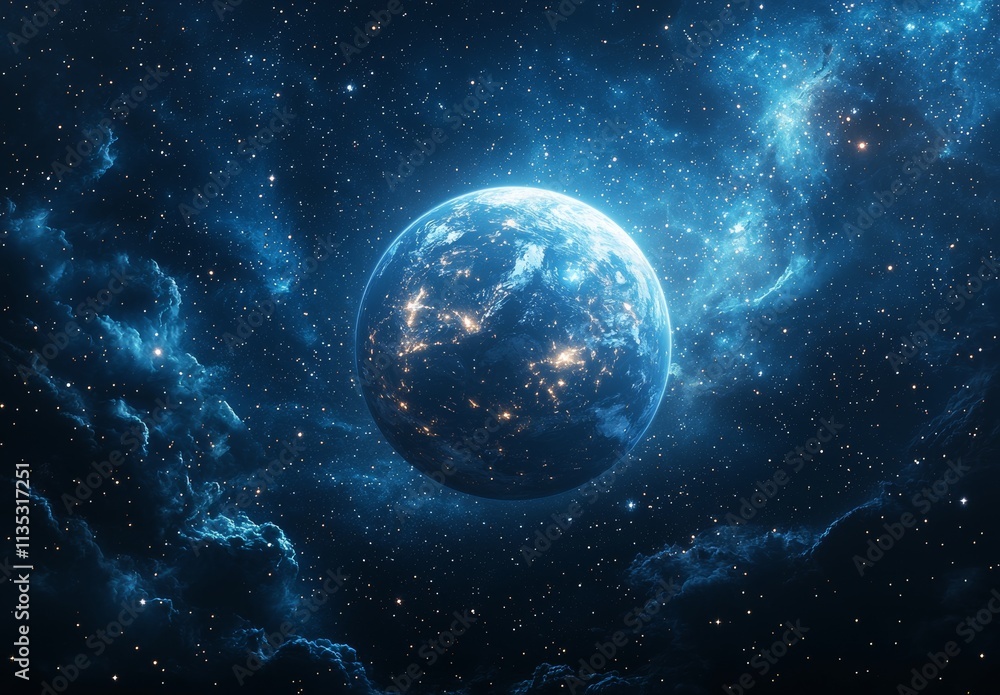 Obraz premium A planet hidden behind star clusters and nebulae, with the sun shining in the vastness of space, a piece of the Universe.