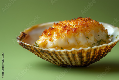 Stuffed clam with golden breadcrumb topping on green background