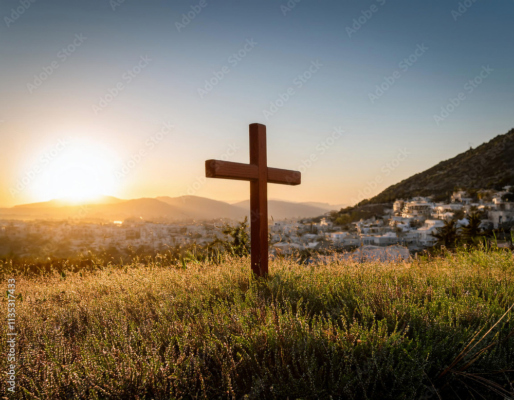 A wooden cross stands silhouetted against a golden sunset over mountainous terrain, creating a peaceful and spiritual scene in Greece island A wooden cross stands silhouetted against a golden sunset over mountainous terrain, creating a peaceful and spiritual scene in Greece island