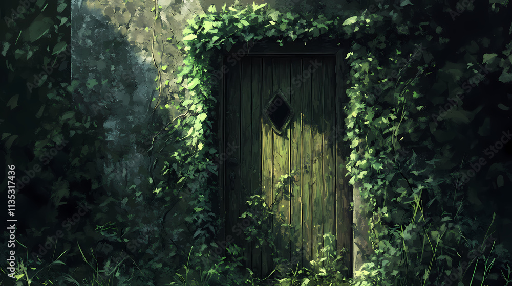 Old door covered in green vines and moss, greenery, front doors, overgrowth. Overgrowth. Illustration Old door covered in green vines and moss, greenery, front doors, overgrowth. Overgrowth. Illustration