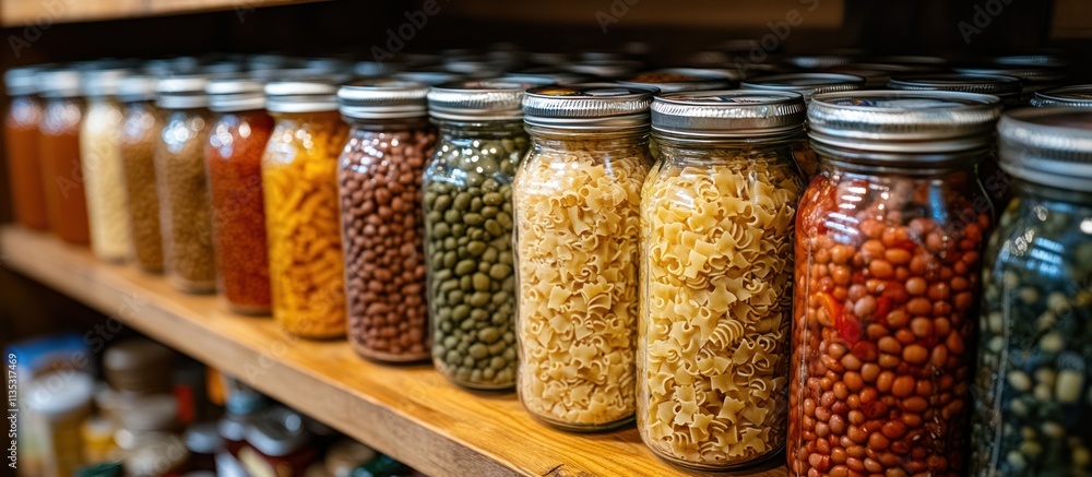 Colorful pasta and beans in glass jars on a wooden shelf. Colorful pasta and beans in glass jars on a wooden shelf.