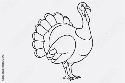 A black and white line art illustration of a turkey standing upright.