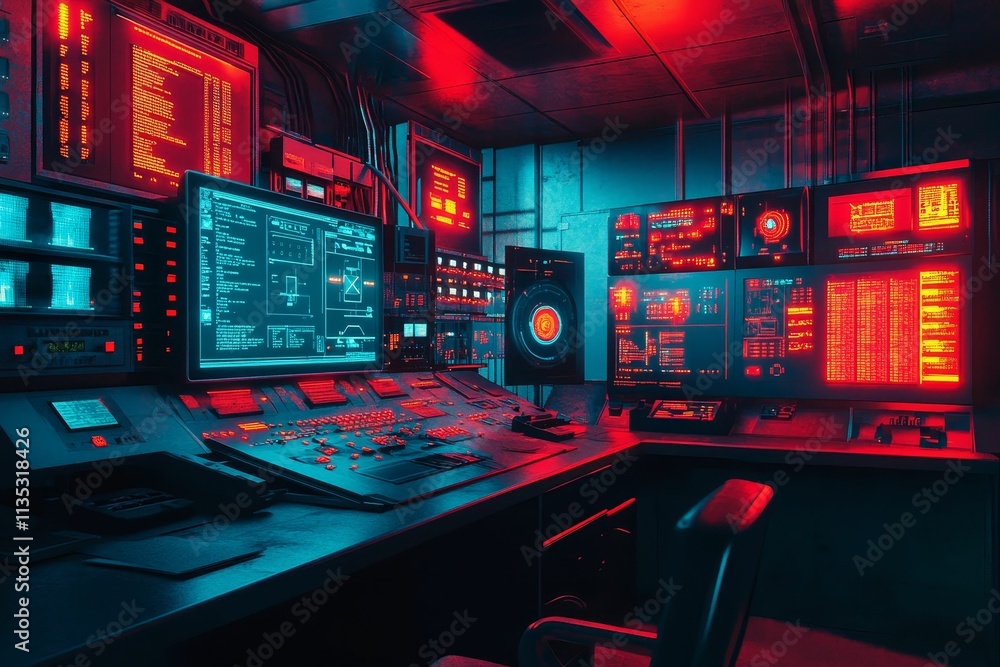 Futuristic control room; glowing screens, consoles. Futuristic control room; glowing screens, consoles.