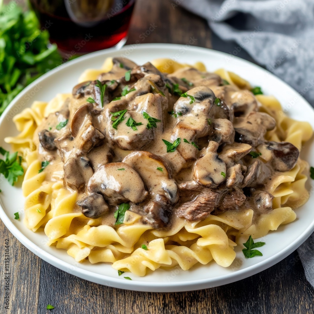 A hearty plate of beef stroganoff with tender strips of beef, mushrooms, and onions in a creamy sauce A hearty plate of beef stroganoff with tender strips of beef, mushrooms, and onions in a creamy sauce