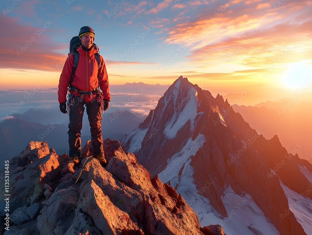 Portrait of an experienced mountaineer on the summit of mountain Portrait of an experienced mountaineer on the summit of mountain