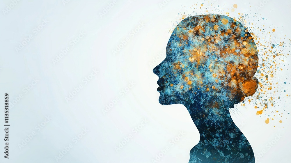 Silhouette of a woman's head with orange and blue paint splatters on one side of her face Silhouette of a woman's head with orange and blue paint splatters on one side of her face
