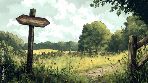 An old wooden arrow-shaped signpost leaning against a wooden fence post, with a rustic gate and overgrown vegetation nearby , fence, rustic, rural scenery. Overgrowth. Illustration photo